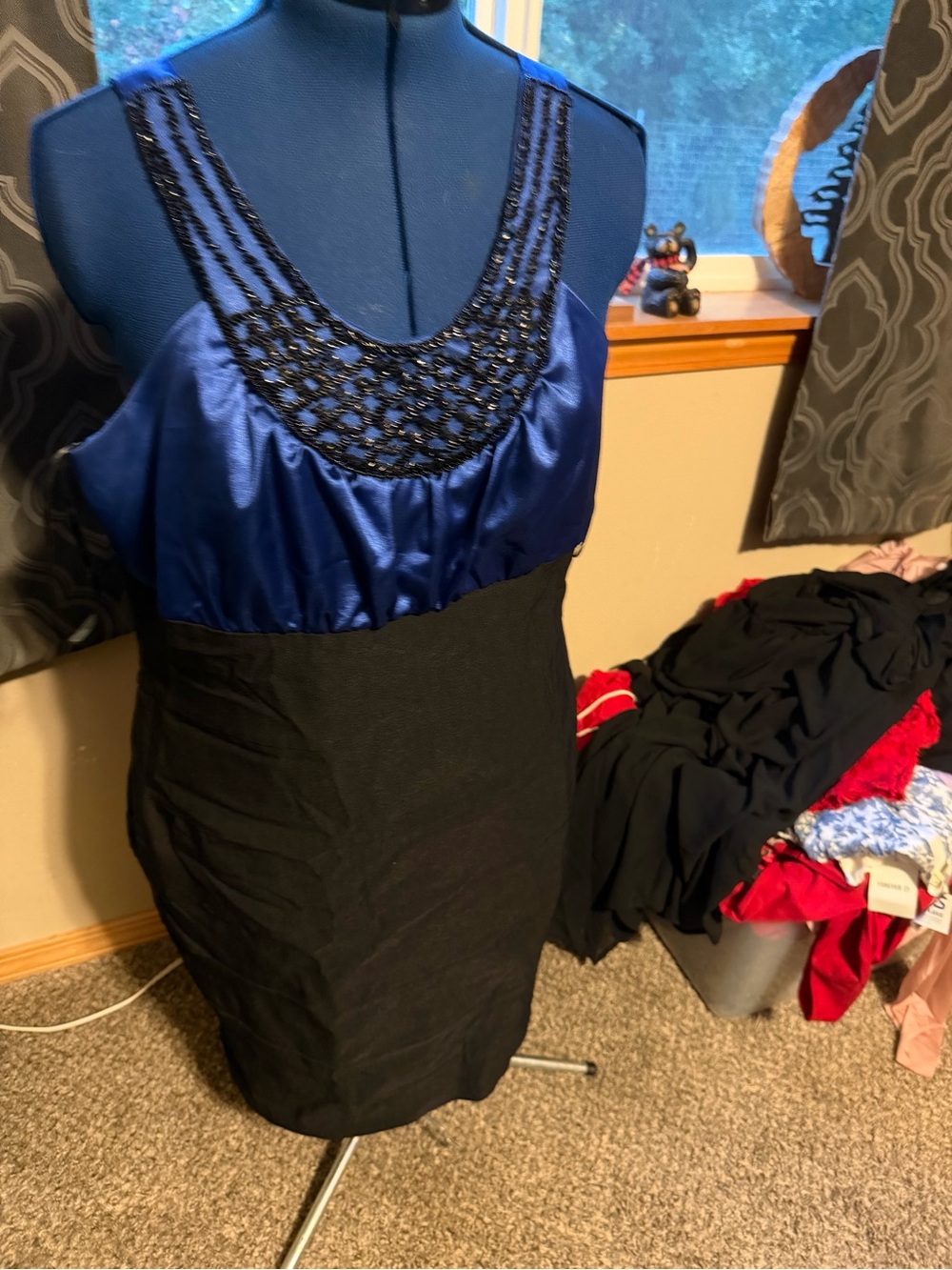 torrid Blue Satin and Black Beaded Neck cocktail  dress early 2000’s vintage